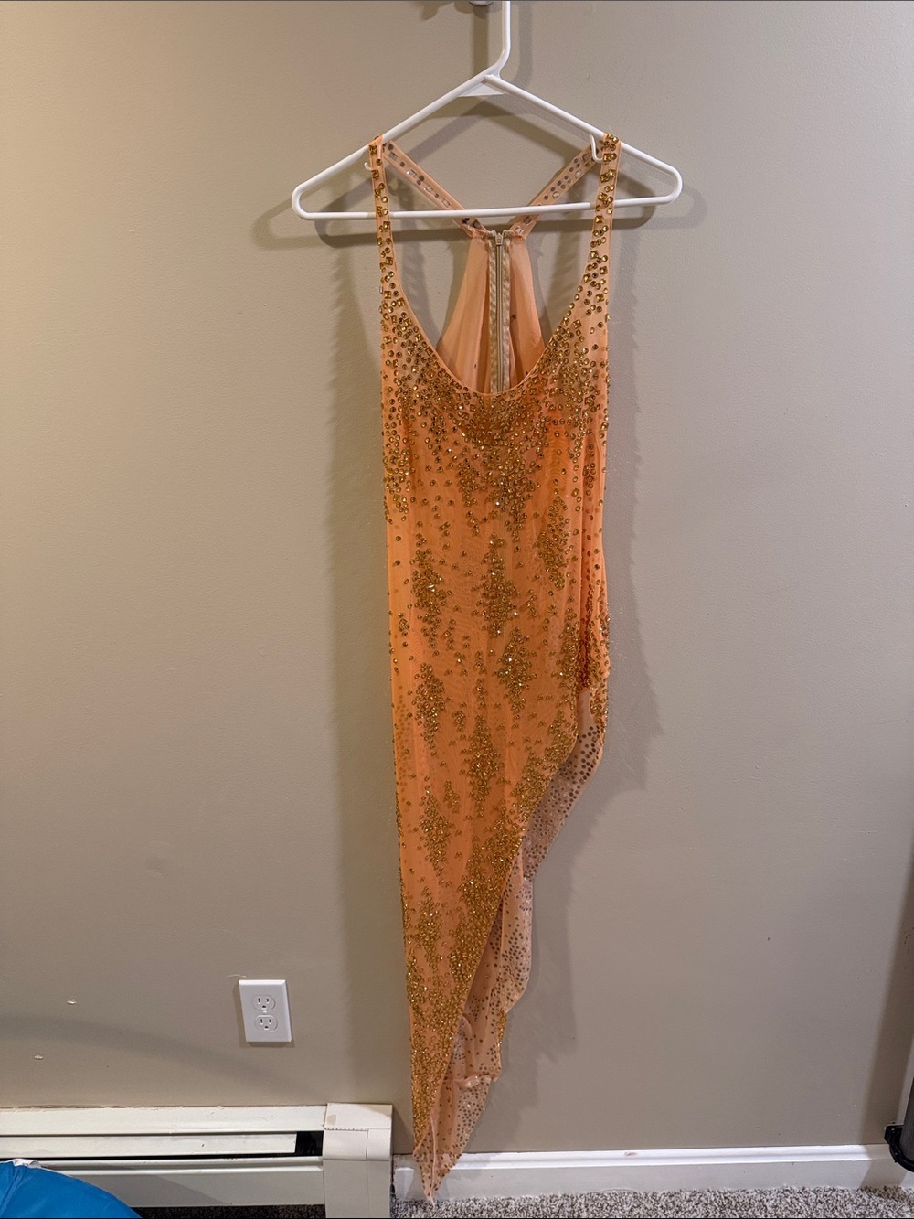 Embellished Orange Asymmetric Mesh & Gold Dress